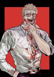 Rule 34 | 1boy, blonde hair, blood, blood on clothes, blood on face, blood on hands, donquixote doflamingo, earrings, eyes visible through eyewear, highres, holding, jewelry, male focus, mature male, one piece, open clothes, open mouth, shirt, short hair, smile, sunglasses, teeth, zkc fes