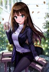 Rule 34 | 1girl, absurdres, belt, blue jacket, blue shorts, blush, breasts, brown hair, coffee cup, cup, cursive, disposable cup, green eyes, hamahama, highres, holding, holding cup, idolmaster, idolmaster cinderella girls, jacket, long hair, long sleeves, looking at viewer, medium breasts, open clothes, open jacket, open mouth, pants, pantyhose, ribbed sweater, scan, shibuya rin, shorts, smile, solo, sweater, thighs, turtleneck, turtleneck sweater, white sweater