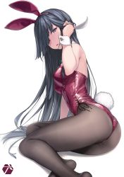 Rule 34 | 1girl, alternate costume, animal ears, ass, black hair, black pantyhose, blush, bow, bowtie, breasts, commentary request, dated, detached collar, fake animal ears, fake tail, hair over one eye, hand in own hair, hayashimo (kancolle), highres, kantai collection, leotard, long hair, looking at viewer, medium breasts, pantyhose, playboy bunny, purple leotard, rabbit ears, rabbit tail, red leotard, revision, ribbon, rokuwata tomoe, side-tie leotard, signature, simple background, sitting, solo, strapless, strapless leotard, tail, twitter username, white background, wrist cuffs, yokozuwari