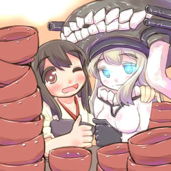Rule 34 | 10s, 2girls, abyssal ship, akagi (kancolle), aqua eyes, bad id, bad pixiv id, blush, bodysuit, bowl, brown eyes, brown hair, cannon, food, food on face, gloves, glowing, glowing eyes, hat, japanese clothes, kantai collection, long hair, multiple girls, one eye closed, open mouth, pale skin, personification, rice, rice on face, short hair, sleeves rolled up, smile, teeth, thumbs up, turret, u-non (annon&#039;an), weapon, wink, wo-class aircraft carrier