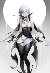 Rule 34 | absurdres, arknights, ascot, bare shoulders, black footwear, black gloves, blush, boots, breasts, closed mouth, corset, feet out of frame, gladiia (arknights), gloves, gluteal fold, grey hair, highres, large breasts, long hair, looking at viewer, no headwear, pants, pointy ears, red eyes, sama (sama24654684), sleeveless, standing, swept bangs, thigh boots, thigh gap, very long hair, white ascot, white pants