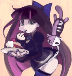 Rule 34 | 10s, 1girl, black dress, blue bow, blunt bangs, bow, bright pupils, cake, cake slice, colored inner hair, cream, dress, eating, food, fruit, green eyes, hair bow, holding, holding plate, honekoneko, kasutaso, leaning forward, long hair, long sleeves, looking at viewer, multicolored hair, nail polish, navel, panty &amp; stocking with garterbelt, pink hair, plate, purple hair, purple nails, short dress, simple background, solo, spoon, stocking (psg), strawberry, striped clothes, striped thighhighs, thighhighs, thighs, two-tone hair, utensil in mouth, very long hair, zettai ryouiki