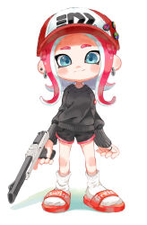 1girl absurdres badge baseball_cap black_shorts black_sweater blue_eyes button_badge closed_mouth commentary_request dolphin_shorts earrings full_body hat highres holding holding_weapon jewelry long_sleeves looking_at_viewer medium_hair myon_rio n-zap_(splatoon) nintendo octoling octoling_girl octoling_player_character parted_bangs pink_hair red_hat red_shoes ring sandals shoes shorts smile socks solo splatoon_(series) standing sweater tentacle_hair weapon white_socks