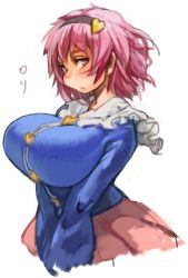 Rule 34 | 1girl, breasts, hairband, heart, huge breasts, impossible clothes, impossible shirt, komeiji satori, looking at viewer, perky breasts, pink hair, sachito, shirt, short hair, simple background, solo, touhou, white background