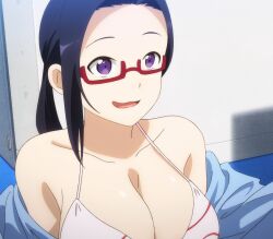 Rule 34 | 1girl, bikini, black hair, breasts, cleavage, demi-chan wa kataritai, glasses, highres, large breasts, long hair, open mouth, purple eyes, satou sakie, screencap, solo, stitched, swimsuit, third-party edit