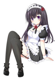 Rule 34 | 1girl, absurdres, black hair, black thighhighs, breasts, cleavage, dress, full body, garnet (lapis:relights), garter straps, highres, kuma no omimi, lapis re:lights, long hair, looking at viewer, maid, medium breasts, purple eyes, short sleeves, simple background, sitting, solo, striped clothes, striped dress, thighhighs, wrist cuffs, zettai ryouiki