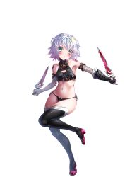 Rule 34 | 1girl, :&lt;, absurdres, arm belt, bandaged arm, bandages, bare shoulders, belt, belt buckle, black footwear, black gloves, black panties, black shirt, boots, breasts, brown belt, buckle, cameltoe, commentary, crop top, dagger, dual wielding, facial scar, fate/grand order, fate (series), fingerless gloves, full body, gloves, green eyes, grey hair, head tilt, high heel boots, high heels, highres, holding, holding dagger, holding knife, holding weapon, jack the ripper (fate/apocrypha), knife, leg up, looking at viewer, miyabi urumi, navel, outstretched arm, panties, reverse grip, scar, scar across eye, scar on cheek, scar on face, shirt, short hair, shoulder tattoo, single fingerless glove, single glove, sleeveless, sleeveless shirt, small breasts, solo, stomach, tattoo, thigh boots, thighhighs, transparent background, triangle mouth, underwear, weapon