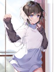 Rule 34 | 1girl, artist name, bad id, bad pixiv id, blush, brown hair, closed mouth, clothing request, commentary request, cowboy shot, day, hands up, indoors, long sleeves, looking at viewer, original, purple eyes, short hair, sleeves past wrists, solo, standing, sunlight, uosaasou, window