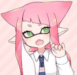 Rule 34 | 1girl, blue necktie, cat girl, claw pose, collared shirt, commentary, diagonal bangs, eyelashes, green eyes, inkling, inkling girl, inkling player character, inuowour, long hair, necktie, nintendo, open mouth, pink background, pink hair, pointy ears, shirt, simple background, solo, splatoon (series), symbol-only commentary, white shirt