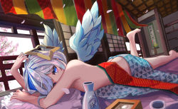 Rule 34 | 1girl, alcohol, amane kanata, angel, angel wings, architecture, ass, banner, blue eyes, bob cut, bottle, breasts, cherry blossoms, covered mouth, east asian architecture, falling petals, grey sky, halo, hand up, hanging scroll, highres, hololive, leg up, looking at viewer, lying, multicolored hair, naked towel, on floor, on stomach, petals, petals on liquid, pillow, railing, s29031295, sake, sake bottle, scroll, short hair, shouji, silver hair, sky, sliding doors, small breasts, solo, star halo, streaked hair, the pose, tokkuri, towel, tree, virtual youtuber, white wings, wings