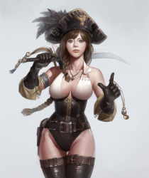 Rule 34 | 1girl, armband, armlet, asymmetrical clothes, bad id, bare shoulders, belt, belt buckle, black gloves, black thighhighs, blue eyes, braid, breasts, brown hair, buckle, cameltoe, cleavage, corset, cowboy shot, cutlass, dongho kang, expressionless, gloves, gluteal fold, grey background, grey eyes, groin, gun, hair over shoulder, halterneck, handgun, hat, hat feather, holding, holding sword, holding weapon, huge breasts, index finger raised, jewelry, legs together, leotard, lips, long hair, looking at viewer, necklace, no pants, over shoulder, parted bangs, pirate, pirate hat, pistol, pocket watch, realistic, simple background, sleeveless, solo, sword, sword over shoulder, tassel, thigh gap, thighhighs, tricorne, twin braids, underbust, watch, weapon, weapon over shoulder
