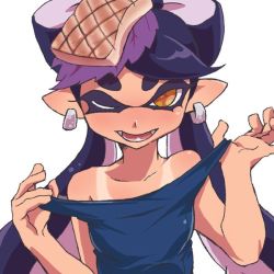 Rule 34 | + +, 1girl, alternate costume, bad id, bad twitter id, bare shoulders, black hair, breasts, callie (splatoon), earrings, eyebrows, fang, food, food on head, hat, honcha, inkling, inkling player character, jewelry, long hair, looking at viewer, nintendo, object on head, one-piece swimsuit, one-piece tan, one eye closed, open mouth, pointy ears, school swimsuit, simple background, small breasts, solo, splatoon (series), splatoon 1, strap pull, swimsuit, symbol-shaped pupils, tan, tanline, tentacle hair, tentacles, thick eyebrows, white background