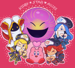 Rule 34 | 2boys, 3girls, blonde hair, blue eyes, blue hair, blush stickers, closed eyes, copyright name, flamberge (kirby), francisca (kirby), hat, heart, heart hands, hood, hyness, kirby, kirby: star allies, kirby (series), long hair, military hat, military uniform, multiple boys, multiple girls, nintendo, open mouth, pink background, red hair, robe, short hair, smile, uniform, void termina, yumimaruneo, zan partizanne