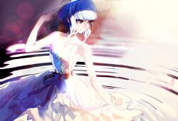 Rule 34 | 1girl, blue hair, braid, breasts, chromatic aberration, commentary, cookiedusty, crown braid, dress, fire emblem, fire emblem: three houses, hat, highres, lens flare, light, long dress, marianne von edmund, medium breasts, nintendo, ripples, smile, solo, spaghetti strap, wading, water, white dress