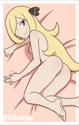 Rule 34 | 1girl, barefoot, blonde hair, cleft of venus, completely nude, creatures (company), cynthia (pokemon), feet, game freak, grey eyes, hair ornament, highres, long hair, md5 mismatch, nintendo, nude, pokemon, pokemon dppt, pussy, self-upload, soles, solo, teliodraw, toes, very long hair