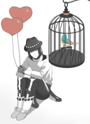 Rule 34 | 10s, 1boy, androgynous, bad id, bad pixiv id, balloon, bird, birdcage, boots, cage, dramatical murder, expressionless, gloves, hat, minato (robin), sei (dramatical murder), sitting, spot color, studded bracelet