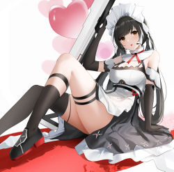 Rule 34 | 1girl, :p, annabella (tower of fantasy), bare shoulders, black gloves, black hair, blush, breasts, dress, elbow gloves, gloves, highres, holding, kneehighs, long hair, looking at viewer, maid, maid headdress, qing wu, simple background, socks, solo, thigh strap, thighs, tongue, tongue out, tower of fantasy, twintails, yellow eyes