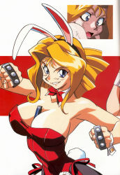 Rule 34 | 1990s (style), 2girls, animal ears, bare shoulders, between breasts, blonde hair, blue eyes, bow, bowtie, brass knuckles, breasts, cleavage, clone, erilin goldsmith, fake animal ears, female focus, game, highres, huge breasts, kimura takahiro, large breasts, lighter, multiple girls, open mouth, ova, pantyhose, playboy bunny, rabbit ears, rabbit tail, retro artstyle, ribbon, short hair, smile, surprised, tail, variable geo, waitress, weapon, wrist cuffs