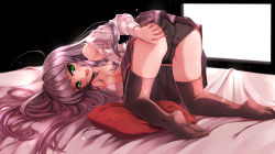 Rule 34 | 1girl, ass, bed, blush, breasts, feet, green eyes, hand in panties, highres, long hair, looking at viewer, no shoes, open mouth, original, panties, pussy juice, silver hair, socks, soles, solo, tears, thighhighs, toes, top-down bottom-up, underwear, yumemi (kiowa)