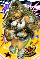 Rule 34 | 1girl, ^ ^, belt, belt buckle, black belt, black nails, blue shorts, blush, breasts, brown hair, buckle, chain, closed eyes, cutoffs, denim, denim shorts, electric guitar, full body, fur-trimmed jacket, fur trim, glint, goggles, goggles on head, green jacket, guitar, hair intakes, hair ornament, hairclip, heart, heart hair ornament, highres, holding, holding guitar, holding instrument, hott0g111, instrument, jacket, large breasts, leg warmers, leotard, long hair, looking at viewer, micro shorts, multicolored background, nail polish, nanaco (hott0g111), open mouth, original, shoes, shorts, smile, solo, standing, star (symbol), v, white leg warmers, yellow background