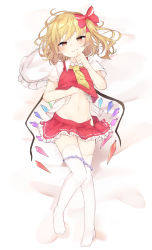 Rule 34 | 1girl, ascot, bed sheet, blonde hair, blush, bow, clothes lift, commentary request, crystal, flandre scarlet, full body, groin, hair bow, hand up, hat, head tilt, highres, karasusou nano, lifting own clothes, looking at viewer, lying, midriff, miniskirt, mob cap, navel, no shoes, on back, one side up, panties, panty pull, petticoat, pleated skirt, red bow, red eyes, red skirt, red vest, shirt, shirt lift, short hair, short sleeves, skirt, skirt set, smile, solo, stomach, thighhighs, thighs, touhou, underwear, unworn hat, unworn headwear, vest, white hat, white shirt, white thighhighs, wings, yellow ascot