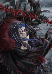 Rule 34 | 1boy, black pants, blood, bloody weapon, blue hair, bodypaint, cape, closed mouth, cu chulainn (fate), cu chulainn (fate) (all), cu chulainn (fate/stay night), cu chulainn alter (fate), cu chulainn alter (fate/grand order), cu chulainn alter (third ascension) (fate), dark blue hair, dark persona, detached hood, earrings, facepaint, fate/grand order, fate (series), floating hair, fur-trimmed cape, fur trim, gae bolg (fate), grin, holding, holding polearm, holding weapon, hood, hood up, jewelry, lancer, long hair, looking at viewer, male focus, monster boy, muscular, muscular male, pants, pectorals, polearm, ponytail, red eyes, sharp teeth, smile, solo, spiked hair, spikes, tail, teeth, topless male, weapon, yanaki (ynyaan 3)