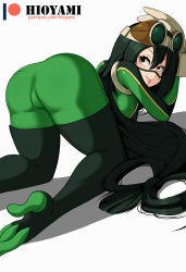 Rule 34 | 1girl, all fours, ass, asui tsuyu, black eyes, bodysuit, boku no hero academia, boots, breasts, cameltoe, from behind, gloves, goggles, goggles on head, green hair, highres, hioyami, huge ass, long hair, looking at viewer, looking back, medium breasts, shiny clothes, sideboob, skin tight, solo, thigh boots, thighhighs, tongue, tongue out, very long hair
