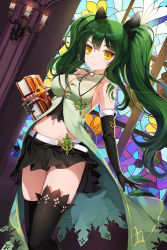 Rule 34 | 1girl, bad id, bad pixiv id, belt, black gloves, black thighhighs, book, candle, candlelight, elbow gloves, emyo, gloves, green hair, hair ribbon, highres, jewelry, long hair, looking at viewer, miniskirt, navel, necklace, ribbon, skirt, solo, sword girls, thighhighs, twintails, yellow eyes