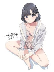Rule 34 | 1girl, 2016, bare legs, barefoot, black eyes, black hair, blouse, bra, breasts, collarbone, dated, from above, full body, head tilt, hood, hooded track jacket, indian style, jacket, looking at viewer, midriff, navel, open clothes, open shirt, original, pink bra, ponkan 8, shirt, short hair, signature, simple background, sitting, sketch, small breasts, solo, thighs, track jacket, underwear, white background