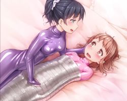 Rule 34 | 2girls, arms at sides, bdsm, black hair, blush, bodysuit, bondage, bound, breasts, brown eyes, brown hair, femdom, green eyes, groping, hand on another&#039;s cheek, hand on another&#039;s face, latex, latex suit, lying, multiple girls, mummified, on back, on bed, on side, open mouth, original, pillow, ponytail, purinpu, purple bodysuit, scrunchie, shiny clothes, short ponytail, skin tight, small breasts, tape, tape bondage, taped hands, tears, yuri