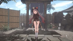 Rule 34 | 1girl, 3d, absurdres, arms up, brown hair, full body, genshin impact, hat, highres, hu tao (genshin impact), leaning forward, legs, long sleeves, mikumikudance (medium), one eye closed, red eyes, short shorts, shorts, smile, socks, solo, symbol-shaped pupils, tailcoat, top hat, twintails