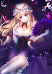 Rule 34 | 1girl, bad id, bad pixiv id, blonde hair, bow, breasts, choker, cleavage, corset, dress, elbow gloves, female focus, folding fan, gloves, hair bow, hand fan, hat, hat ribbon, lace, lace-trimmed legwear, lace trim, large breasts, long hair, parted lips, purple eyes, ribbon, sakuyosi, smile, solo, thighhighs, thighs, touhou, white gloves, white thighhighs, yakumo yukari