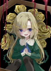 Rule 34 | 1girl, :d, absurdres, black background, blonde hair, blood, blue eyes, blush, bright pupils, child, commentary request, commission, crazy eyes, crazy smile, dress, eyelashes, eyes visible through hair, floral background, flower, green dress, hair between eyes, highres, holding, holding knife, ib (kouri), juliet sleeves, knees up, knife, long hair, long sleeves, mary (ib), open mouth, own hands together, picture frame, puffy sleeves, rose, simple background, sitting, skeb commission, smile, solo, very long hair, white pupils, yellow flower, yellow rose, yumeno ruruka