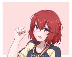 Rule 34 | 1girl, :o, artist name, brown eyes, collarbone, commentary, disco brando, hair between eyes, highres, idolmaster, idolmaster cinderella girls, jacket, murakami tomoe, pink background, red hair, short hair, simple background, solo, twitter username, upper body, v-shaped eyebrows