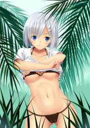 Rule 34 | 10s, 1girl, arms up, bikini, black bikini, blue eyes, breasts, clothes lift, collarbone, contrapposto, cowboy shot, eyebrows, gluteal fold, hair ornament, hairclip, hamakaze (kancolle), highres, kantai collection, lifted by self, looking at viewer, medium breasts, navel, palm tree, parted lips, plant, shirt lift, short sleeves, silver hair, skyrail, solo, standing, swimsuit, tareme, teeth, tree, underboob, undressing