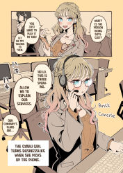 Rule 34 | blonde hair, blue eyes, computer, english text, glasses, gyaru, hard-translated, headset, highres, maria komaki, multicolored hair, office, office lady, original, phone, speech bubble, third-party edit, two-tone hair, working