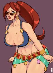 Rule 34 | 1girl, absurdres, bikini, breasts, cassie (paladins), cleavage, earrings, green eyes, highres, jewelry, large breasts, long hair, navel, paladins, ponytail, red hair, swimsuit, zpark
