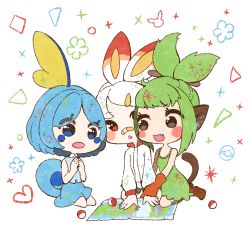 Rule 34 | 3girls, animal ears, bandaid, bandaid on face, bandaid on nose, bare shoulders, black eyes, black shorts, blue eyes, blue hair, blue shirt, blue skirt, blush, blush stickers, breasts, brown footwear, child, circle, creatures (company), diamond (shape), fang, female focus, fins, game freak, gen 1 pokemon, gen 8 pokemon, gloves, green hair, green shirt, grookey, hair ornament, hair stick, hairclip, hands up, happy, high heels, jacket, lizard tail, long sleeves, looking at another, looking down, looking to the side, map, monkey ears, monkey girl, monkey tail, muguet, multiple girls, nintendo, open mouth, orange gloves, own hands together, paper, personification, pikachu, pointing, poke ball, poke ball (basic), poke ball symbol, pokemon, rabbit ears, rabbit girl, red eyes, reptile girl, scorbunny, shirt, short hair, short shorts, shorts, sidelocks, skirt, sleeveless, sleeveless shirt, small breasts, smile, sobble, sparkle, starter pokemon trio, tail, topknot, triangle, v-shaped eyebrows, white background, white hair, white jacket, white shirt