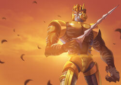 Rule 34 | absurdres, beast wars, beast wars: transformers, claws, commentary request, dinobot (beast wars), falling feathers, feathers, highres, holding, holding sword, holding weapon, innoarukugyou, looking away, maximal, mecha, orange sky, robot, sky, solo, standing, sunset, sword, transformers, weapon, yellow eyes