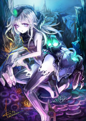 Rule 34 | 10s, 1girl, abyssal ship, breasts, coral, headgear, headpiece, kantai collection, kito (kito2), long hair, looking at viewer, machinery, navel, pale skin, purple eyes, silver hair, small breasts, solo, u-511 (kancolle), underwater