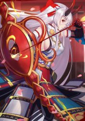 Rule 34 | 1girl, armor, arrow (projectile), bow, bow (weapon), breasts, closed mouth, fate/grand order, fate (series), hachimaki, hair between eyes, headband, highres, horns, japanese armor, kusazuri, langya beike, large breasts, long hair, looking at viewer, oni horns, petals, red eyes, sideboob, silver hair, solo, tomoe gozen (fate), very long hair, weapon