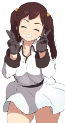 Rule 34 | 1girl, accio, brown hair, closed eyes, double v, dress, gloves, las vegas (accho), red eyes, short dress, simple background, smile, solo, twintails, v, victory pose, white background
