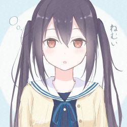 Rule 34 | 1girl, absurdres, black hair, blue ribbon, blush, brown eyes, commentary request, highres, k-on!, kutatsu (kutatsu7), long hair, looking at viewer, nakano azusa, parted lips, ribbon, sailor collar, signature, solo, translation request, twintails, upper body, white sailor collar