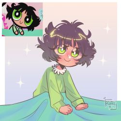 Rule 34 | 1girl, black hair, blush, bright pupils, buttercup (ppg), buttercup redraw challenge (meme), coffeeyt, derivative work, gradient background, green eyes, green pajamas, highres, long sleeves, looking at viewer, meme, messy hair, pajamas, powerpuff girls, reference inset, screenshot inset, screenshot redraw, smile, solo, sparkle, twitter username, under covers, upper body, white pupils