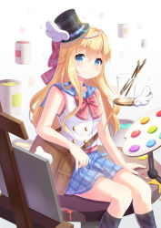 Rule 34 | 1girl, absurdres, arm support, bag, black hat, black socks, blonde hair, blue eyes, blue sailor collar, blue skirt, blush, bow, bowtie, canvas (object), closed mouth, commentary request, diagonal stripes, easel, glass, hair between eyes, hat, highres, holmemee, kneehighs, long hair, looking at viewer, original, paintbrush, plaid, plaid skirt, pleated skirt, red bow, red bowtie, sailor collar, school uniform, serafuku, shirt, shoulder bag, sitting, skirt, sleeveless, sleeveless shirt, smile, socks, solo, striped, top hat, unmoving pattern, very long hair, white shirt, white wings, winged hat, wings
