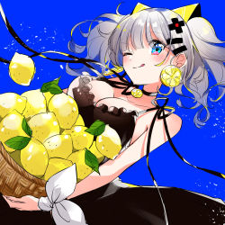 Rule 34 | 1girl, ;q, absurdres, alternate costume, bare arms, bare shoulders, basket, black choker, black dress, blue background, blue eyes, blunt bangs, blush, breasts, choker, cleavage, closed mouth, collarbone, dress, earrings, food, food-themed earrings, frilled dress, frills, from below, fruit, grey hair, hair ornament, hairclip, highres, holding, holding basket, jewelry, kaguya luna, kurihara sakura, large breasts, lemon, lemon slice, long hair, looking at viewer, looking down, one eye closed, ribbon, simple background, sleeveless, sleeveless dress, smile, solo, the moon studio, tongue, tongue out, twintails, virtual youtuber, wrist ribbon