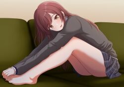 Rule 34 | 1girl, absurdres, bare legs, barefoot, blush, brown eyes, brown hair, commentary, contamination (contami0813), couch, feet, full body, grey shirt, grey skirt, hands on own feet, highres, idolmaster, idolmaster shiny colors, indoors, leaning forward, legs, long hair, long legs, long sleeves, looking at viewer, miniskirt, on couch, open mouth, osaki amana, parted bangs, plaid, plaid skirt, pleated skirt, school uniform, shadow, shirt, sidelocks, sitting, skirt, solo, swept bangs, thighs, toenails, toes