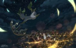 Rule 34 | 2017, :d, ;d, ^ ^, absurdres, artist name, brown eyes, building, city lights, closed eyes, cloud, creatures (company), dated, dutch angle, closed eyes, from side, full body, game freak, gen 2 pokemon, gen 4 pokemon, highres, leafeon, lens flare, looking at another, night, night sky, nintendo, no humans, one eye closed, open mouth, outstretched arms, pokemon, pokemon (creature), profile, shooting star, sky, smile, star (sky), starry sky, umbreon, zinfyu