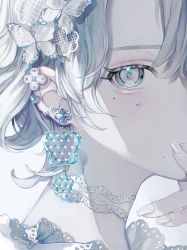 Rule 34 | 1girl, aqua theme, blue theme, butterfly hair ornament, close-up, commentary, earrings, english commentary, fingernails, grey eyes, grey hair, hair ornament, highres, jewelry, looking at viewer, mole, mole under eye, nekome toworu, original, solo, upper body