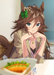 Rule 34 | 1girl, ahoge, animal ears, blurry, blurry background, blurry foreground, blush, breasts, brown hair, brown jacket, cleavage, closed mouth, earrings, elbow rest, food, green eyes, hair between eyes, hair ornament, hairclip, heart, horse ears, horse girl, horse tail, jacket, jewelry, long hair, misu kasumi, mr. c.b. (umamusume), pendant, shirt, small breasts, smile, sound effects, table, tail, umamusume, white shirt